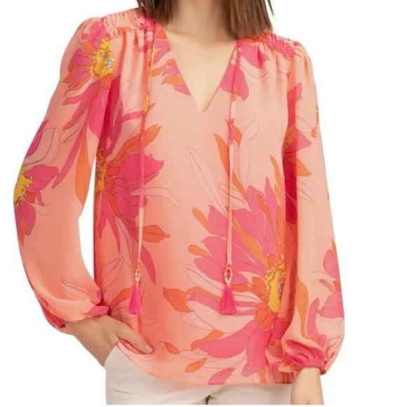 Trina Turk Watson Floral V Neck Blouse Small Long Sleeve Pink - Picture 1 of 11